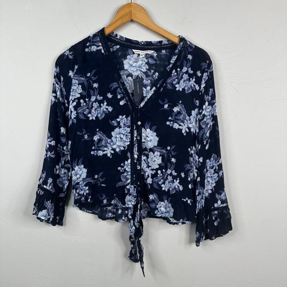 American Eagle Blue Chiffon Floral Ruffle Hem Button Down Blouse - Picture 2 of 8
